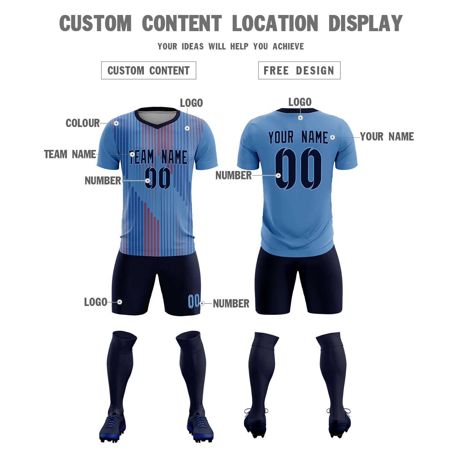 Custom Light Blue Navy Soft Training Uniform Soccer Sets Jersey