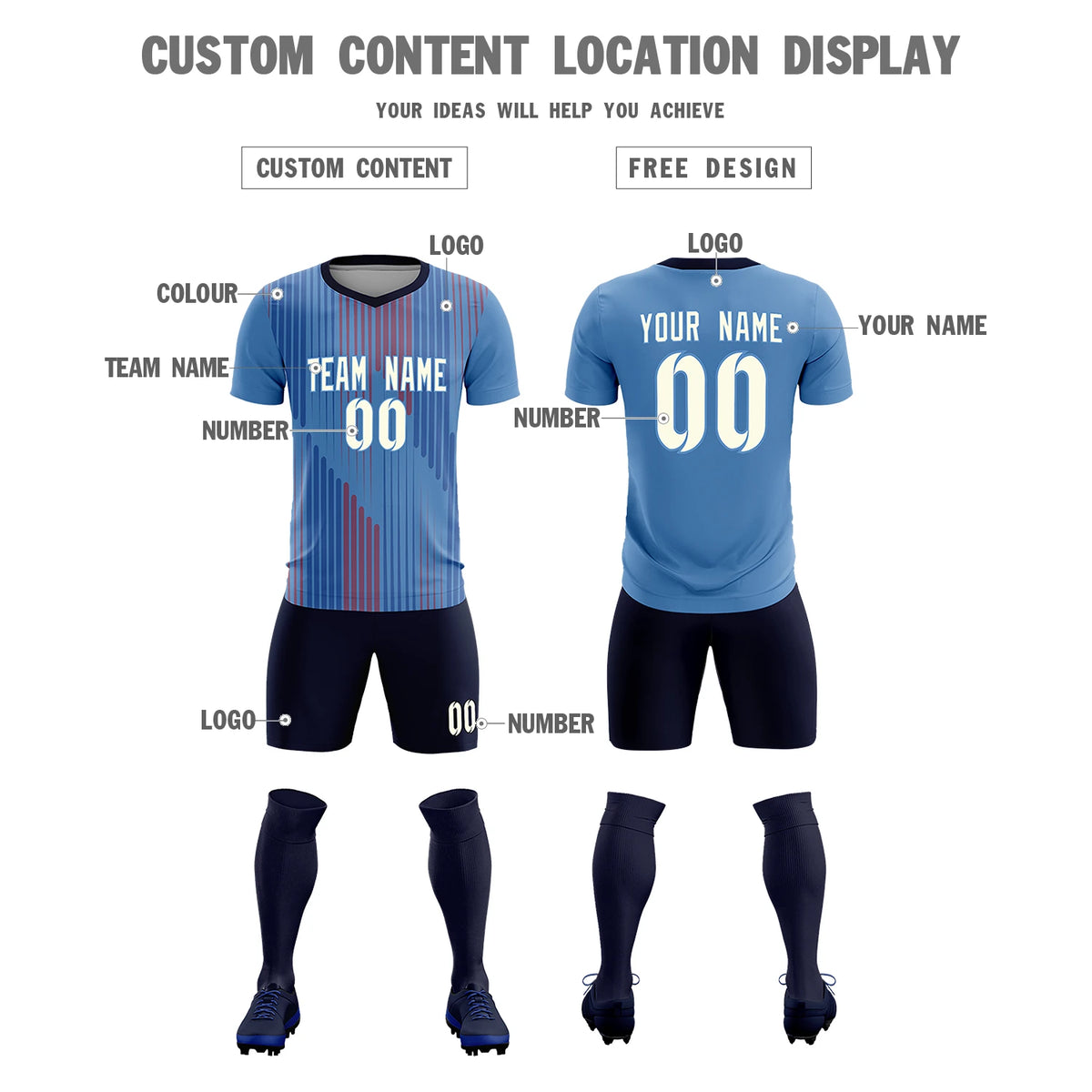 Custom Light Blue Navy Soft Training Uniform Soccer Sets Jersey