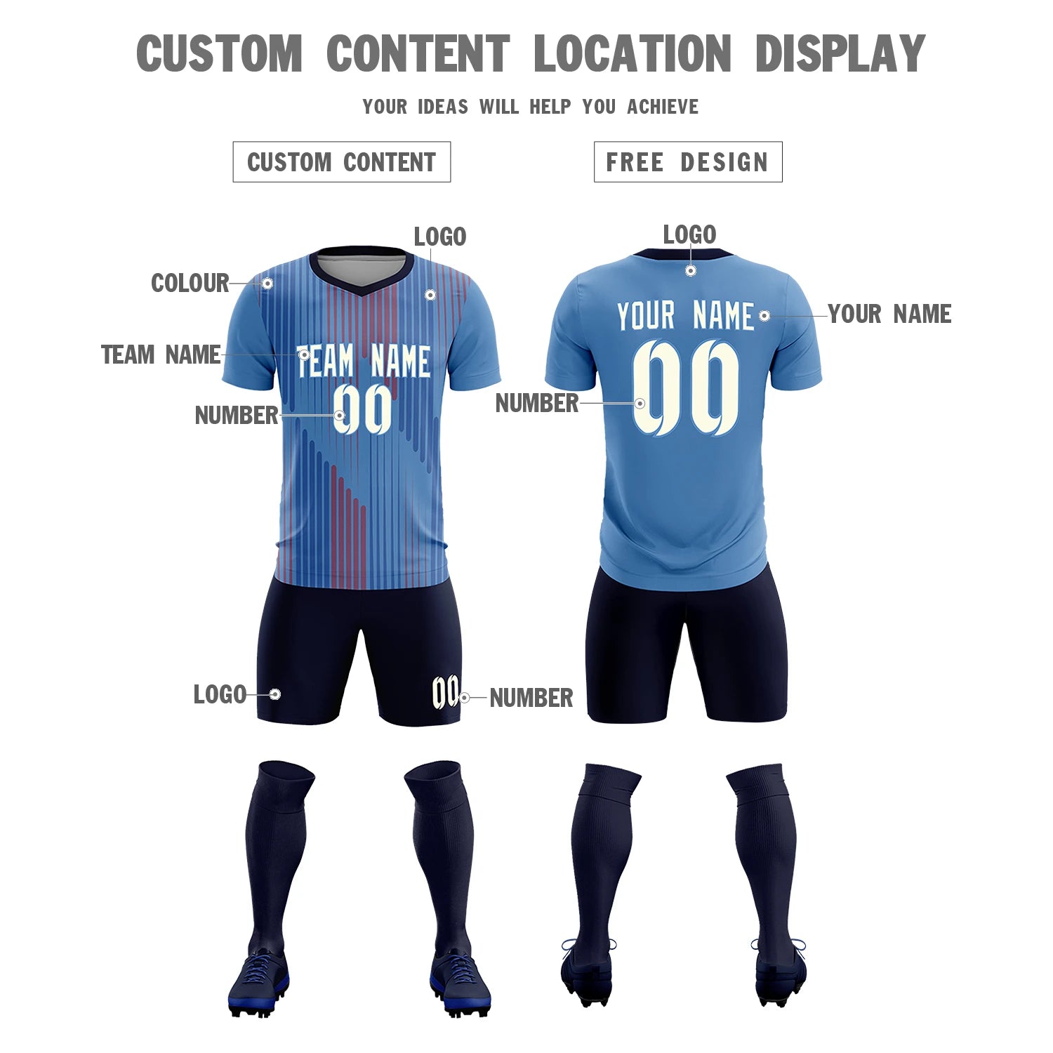 Custom Light Blue Navy Soft Training Uniform Soccer Sets Jersey