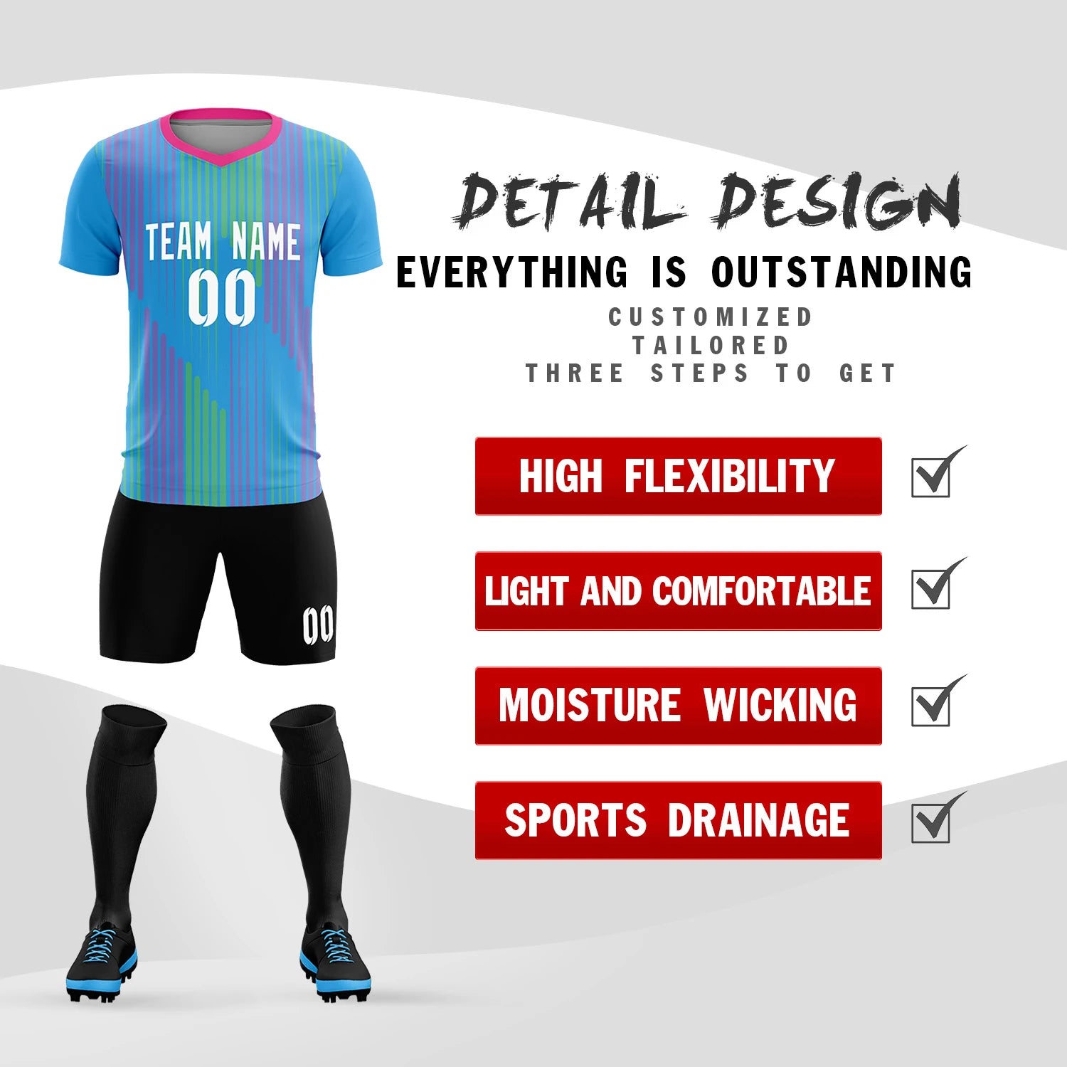 Custom Powder Blue Pink Soft Training Uniform Soccer Sets Jersey