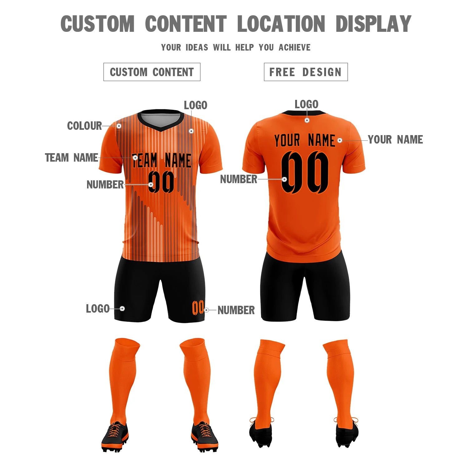 Custom Orange Black Soft Training Uniform Soccer Sets Jersey