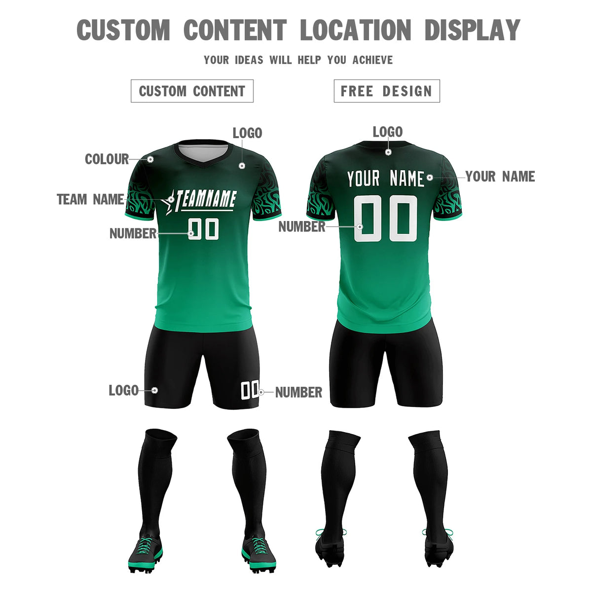 Custom Green Kelly Green Casual Printing Sportswear Soccer Sets Jersey