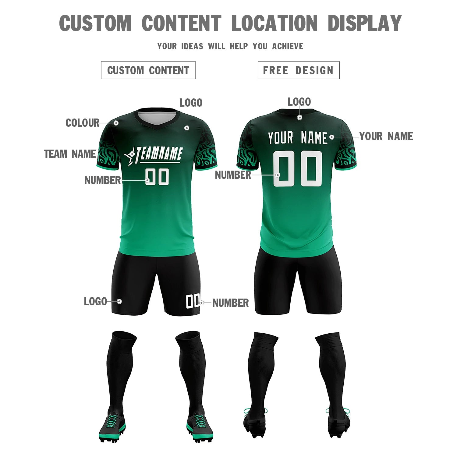 Custom Green Kelly Green Casual Printing Sportswear Soccer Sets Jersey