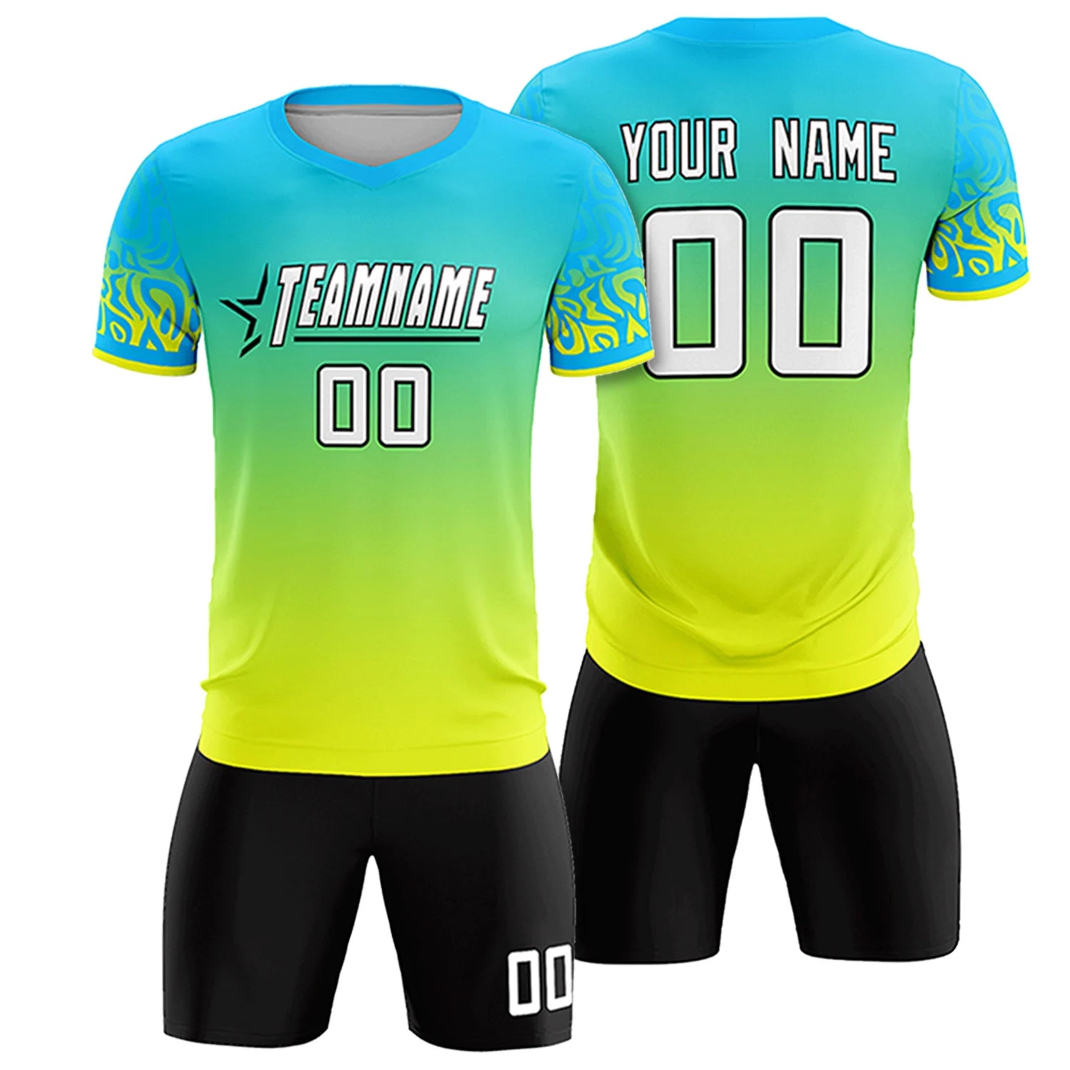 Custom Sky Blue Fluorescent Green Casual Printing Sportswear Soccer Sets Jersey