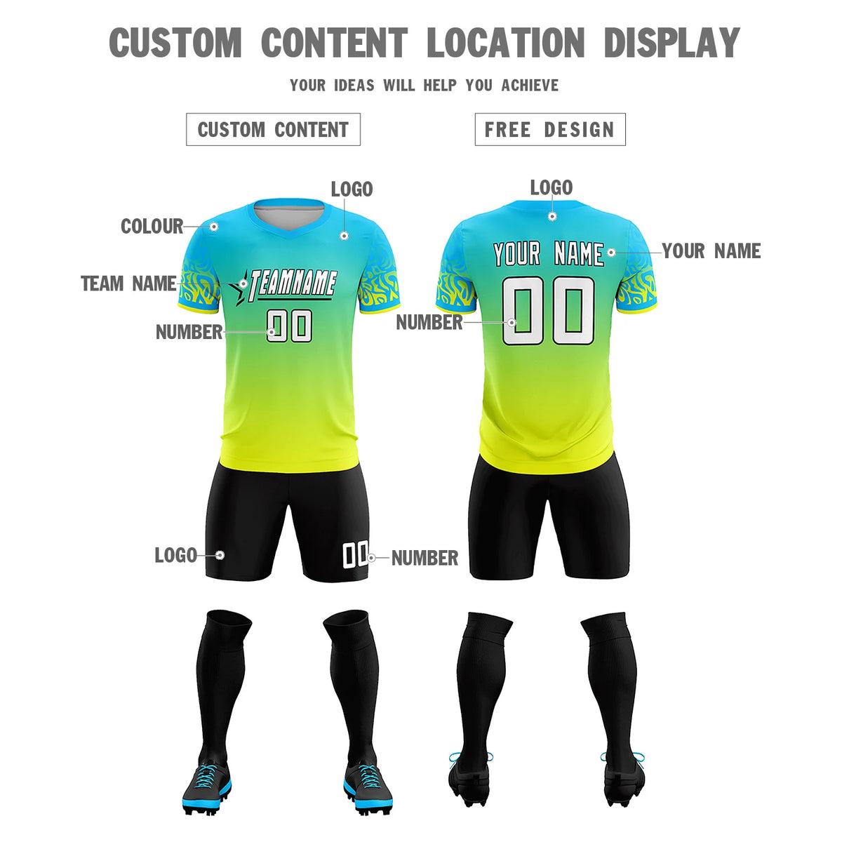 Custom Sky Blue Fluorescent Green Casual Printing Sportswear Soccer Sets Jersey