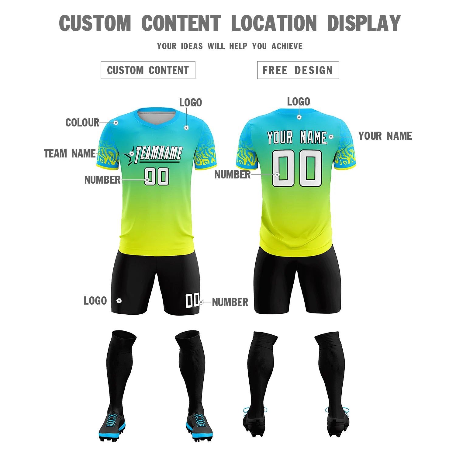 Custom Sky Blue Fluorescent Green Casual Printing Sportswear Soccer Sets Jersey