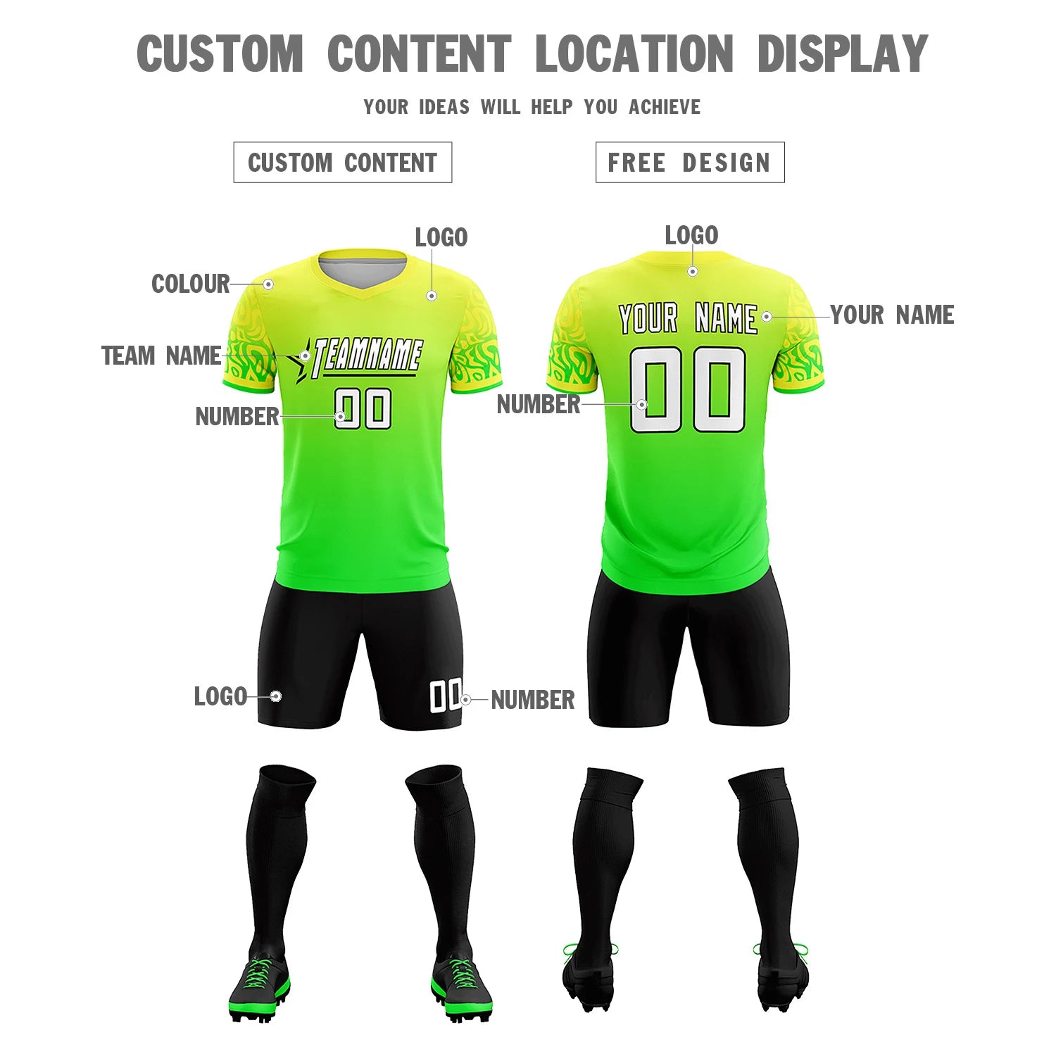 Custom Fluorescent Green Neon Green Casual Printing Sportswear Soccer Sets Jersey