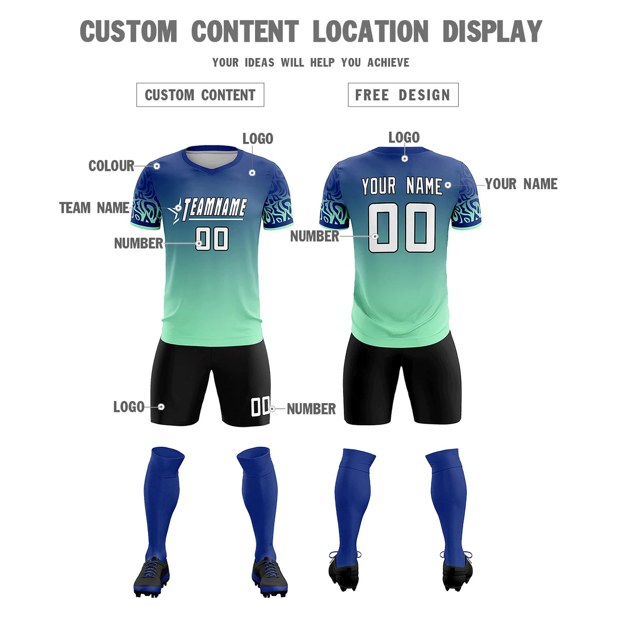 Custom Royal Blue Green Casual Printing Sportswear Soccer Sets Jersey