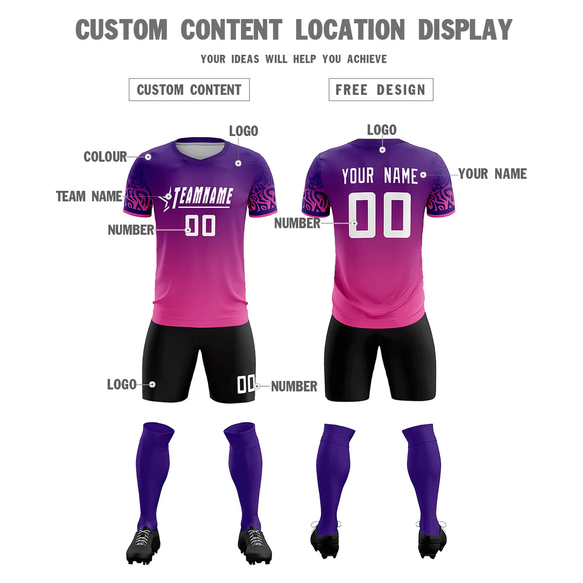 Custom Purple Pink Casual Printing Sportswear Soccer Sets Jersey
