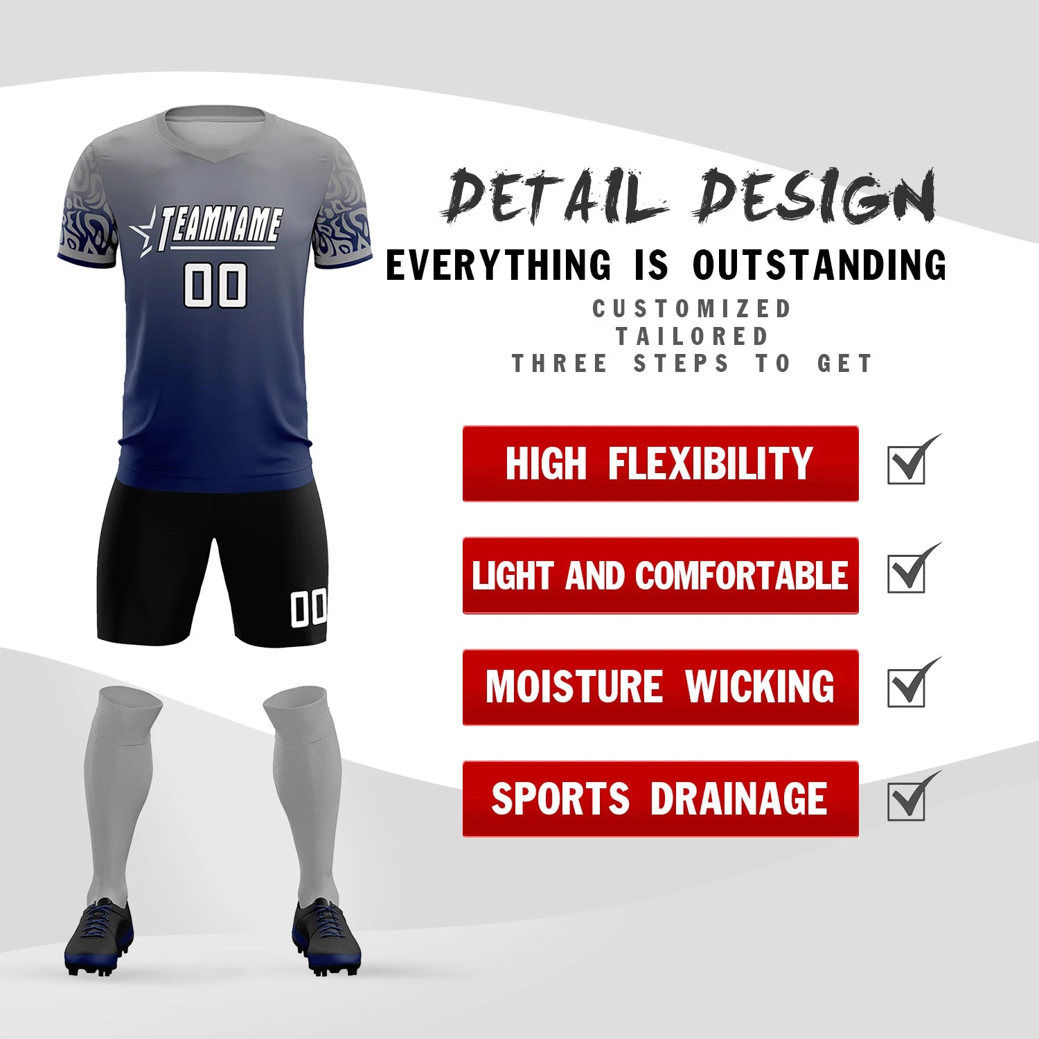 Custom Gray Navy Casual Printing Sportswear Soccer Sets Jersey