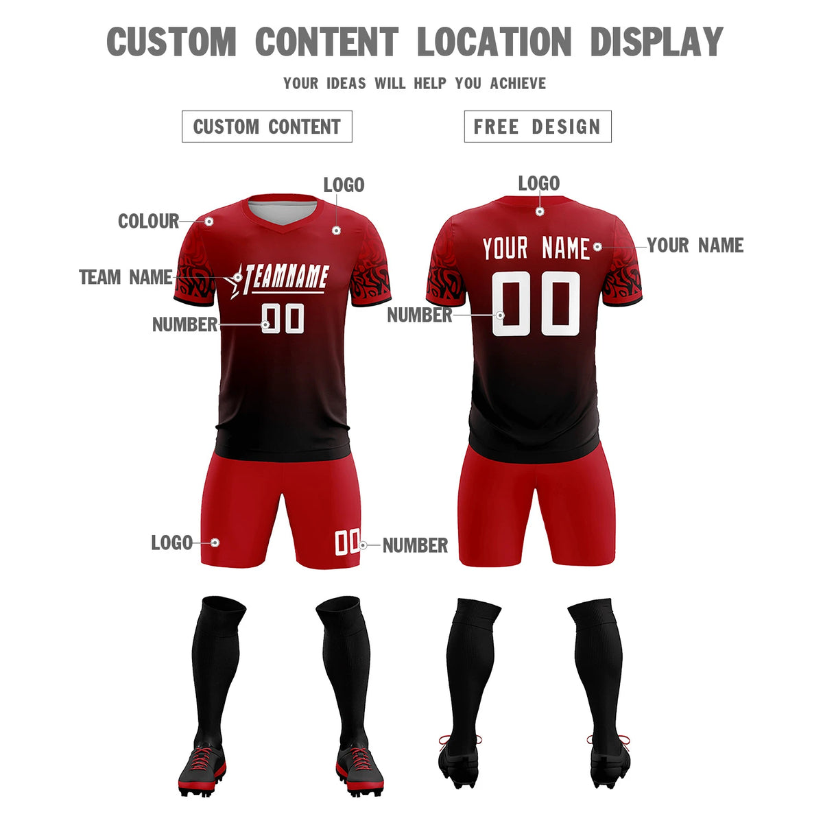 Custom Red Black Casual Printing Sportswear Soccer Sets Jersey