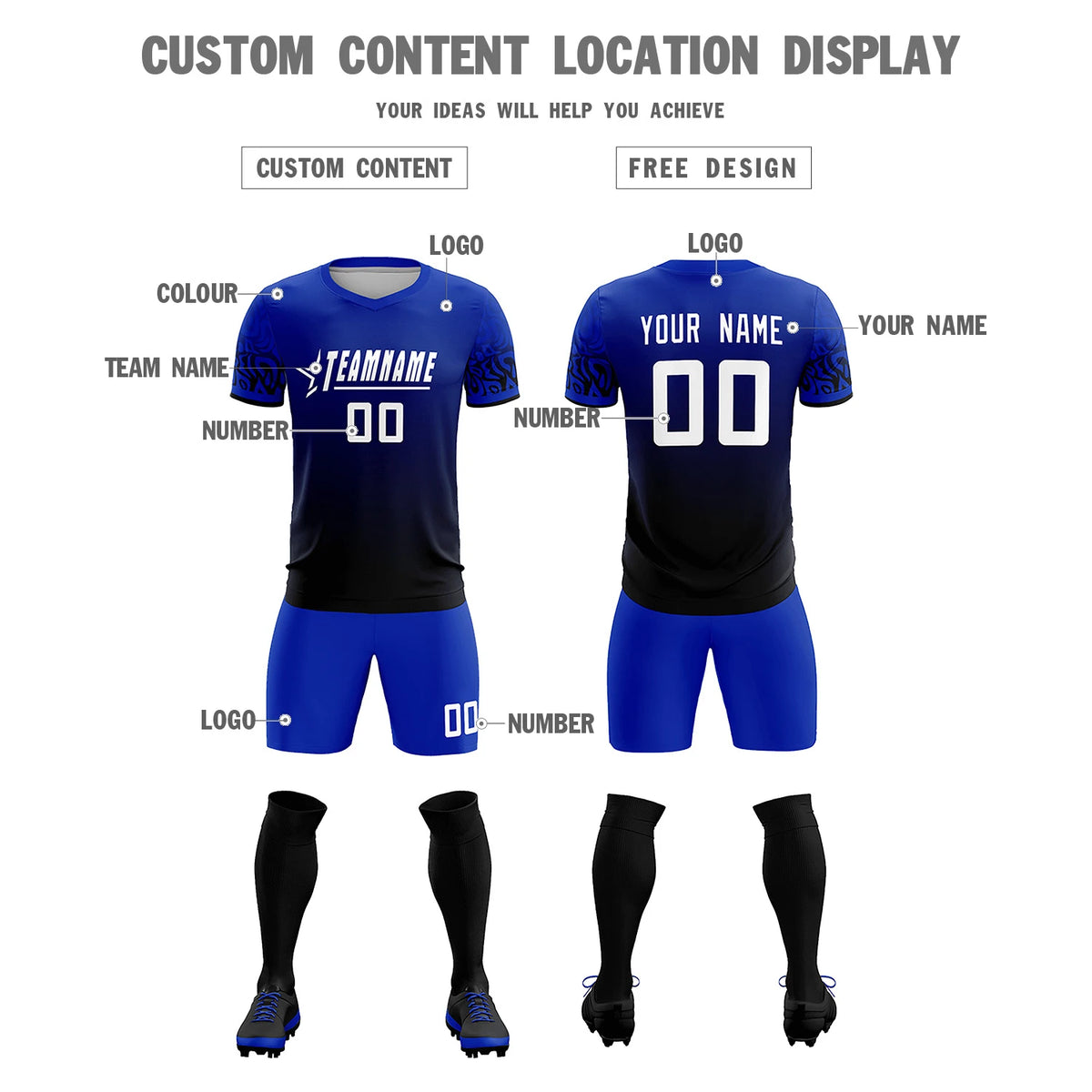 Custom Royal Blue Black Casual Printing Sportswear Soccer Sets Jersey