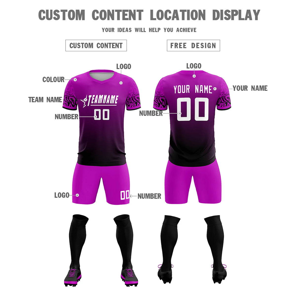 Custom Pink Black Casual Printing Sportswear Soccer Sets Jersey