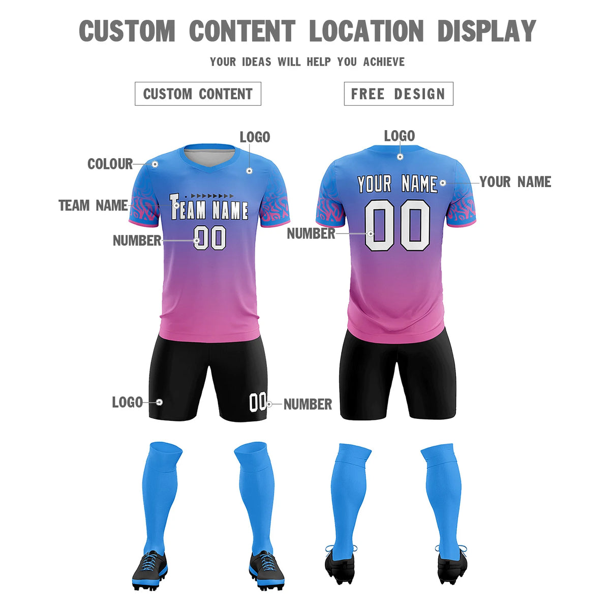 Custom Powder Blue Pink Casual Printing Sportswear Soccer Sets Jersey