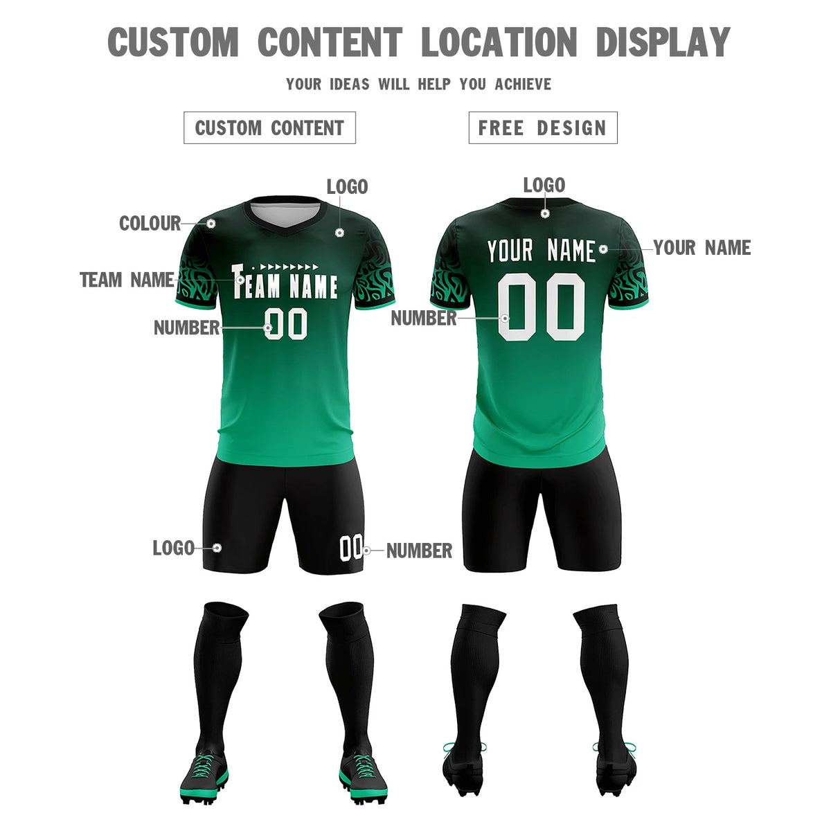Custom Green Kelly Green Casual Printing Sportswear Soccer Sets Jersey