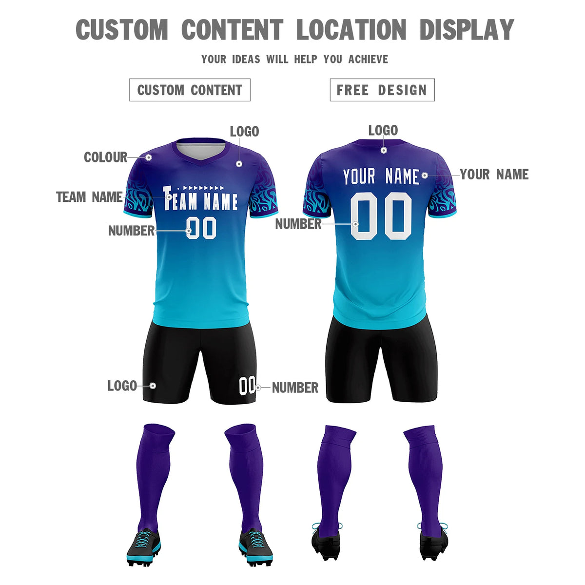 Custom Purple Powder Blue Casual Printing Sportswear Soccer Sets Jersey