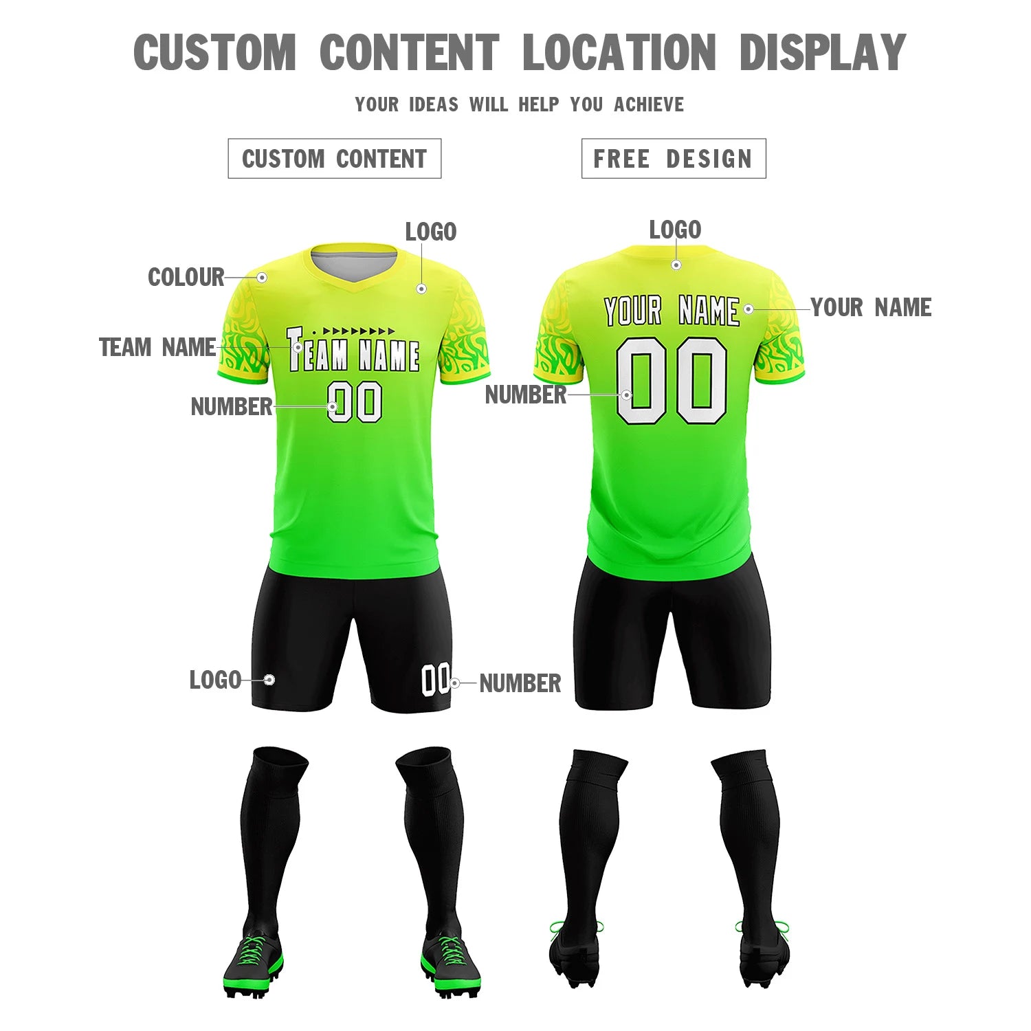 Custom Fluorescent Green Neon Green Casual Printing Sportswear Soccer Sets Jersey