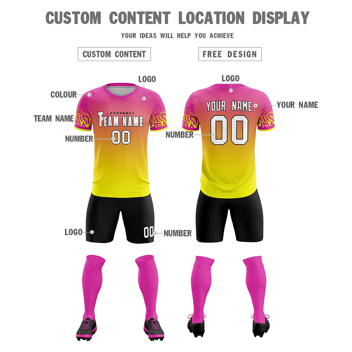 Custom Pink Fluorescent Green Casual Printing Sportswear Soccer Sets Jersey