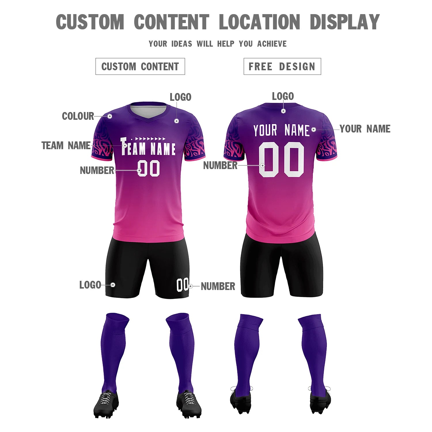 Custom Purple Pink Casual Printing Sportswear Soccer Sets Jersey