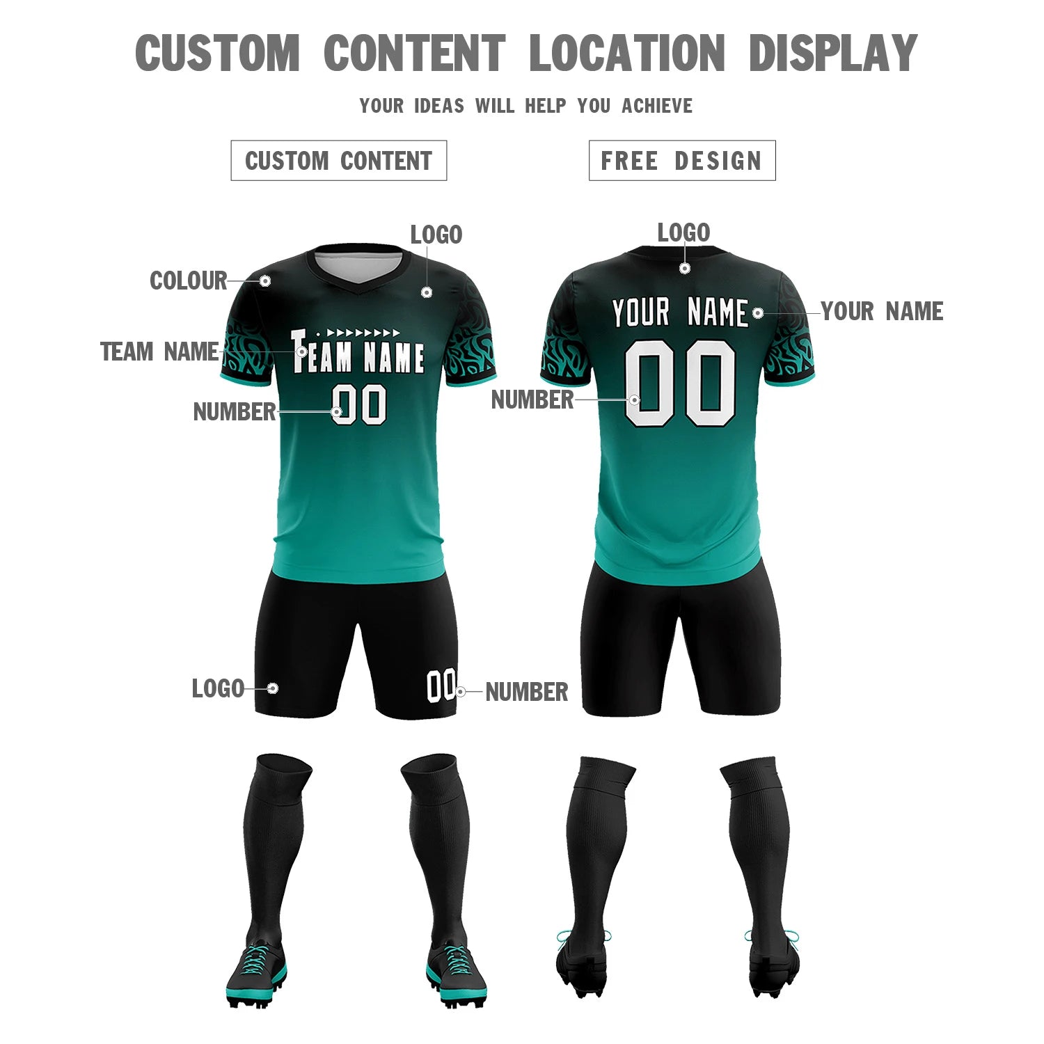 Custom Black Aqua Casual Printing Sportswear Soccer Sets Jersey