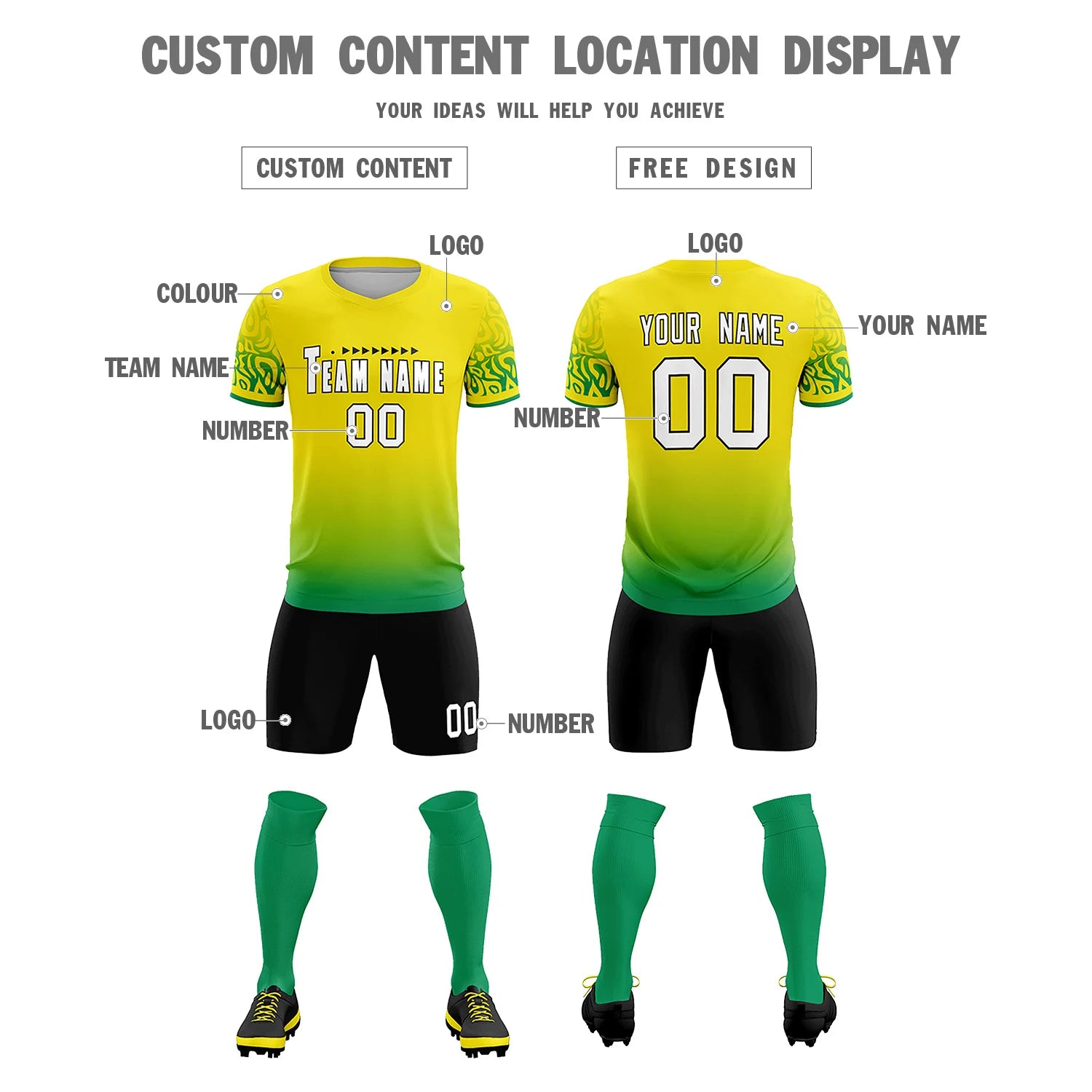 Custom Gold01 Kelly Green Casual Printing Sportswear Soccer Sets Jersey