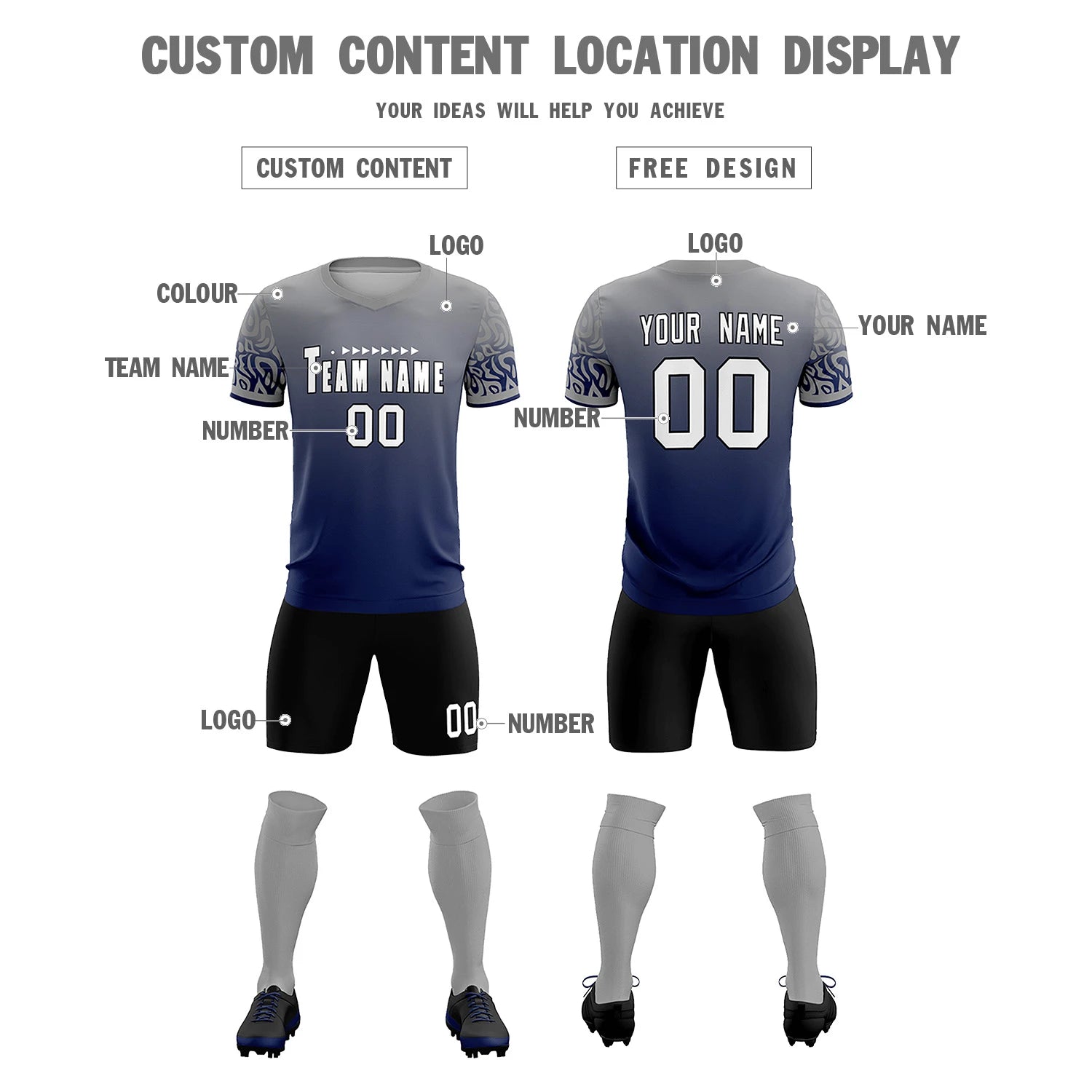 Custom Gray Navy Casual Printing Sportswear Soccer Sets Jersey