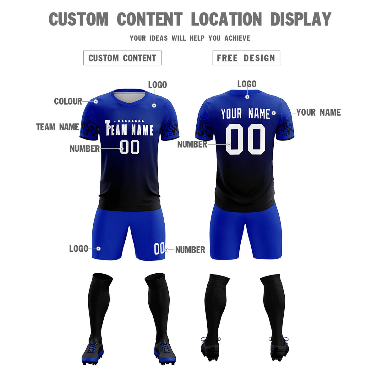 Custom Royal Blue Black Casual Printing Sportswear Soccer Sets Jersey