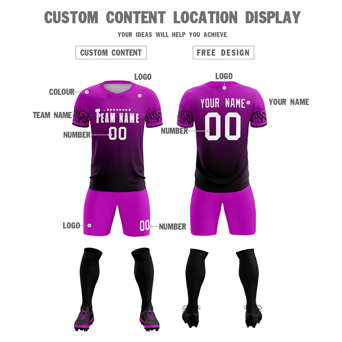 Custom Pink Black Casual Printing Sportswear Soccer Sets Jersey