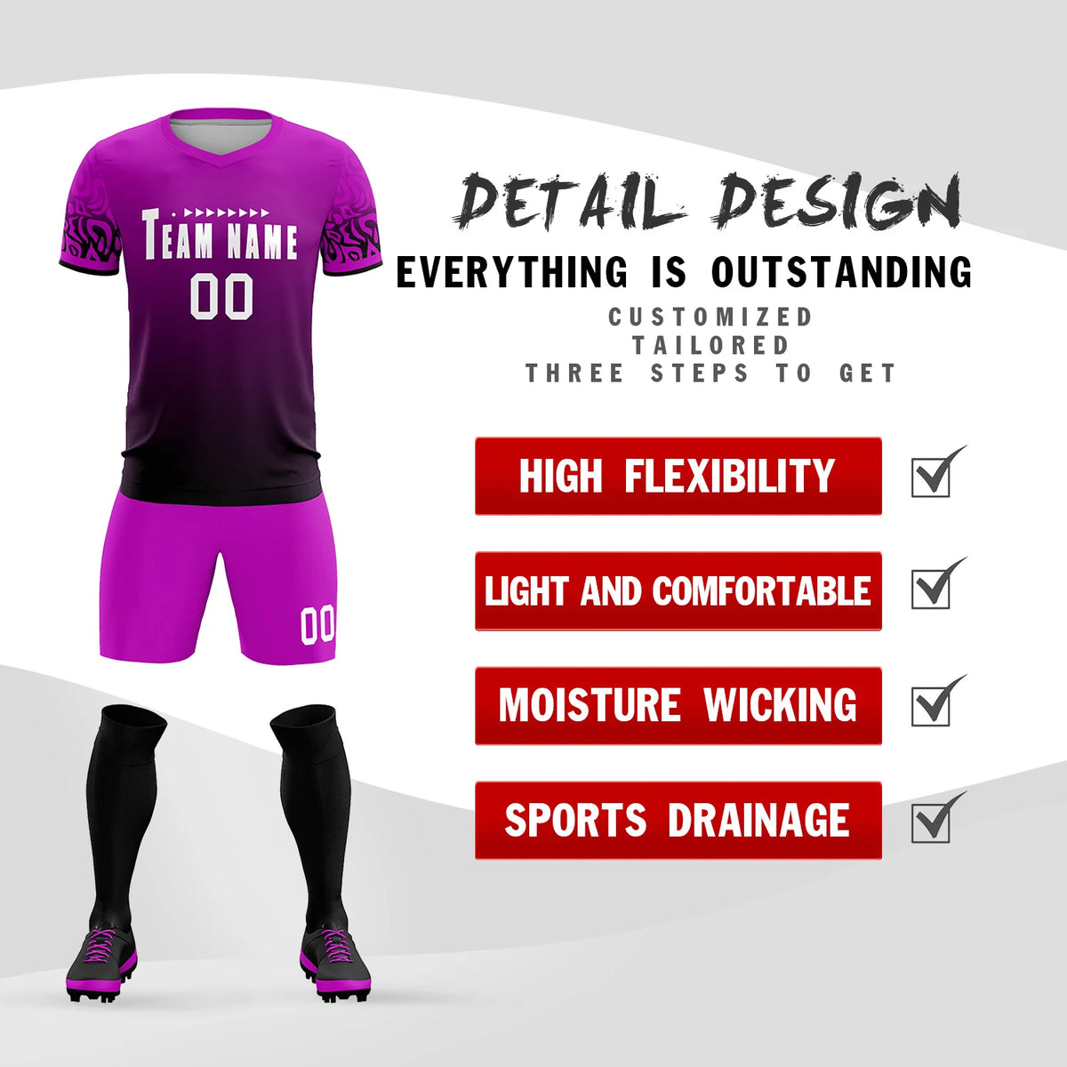 Custom Pink Black Casual Printing Sportswear Soccer Sets Jersey