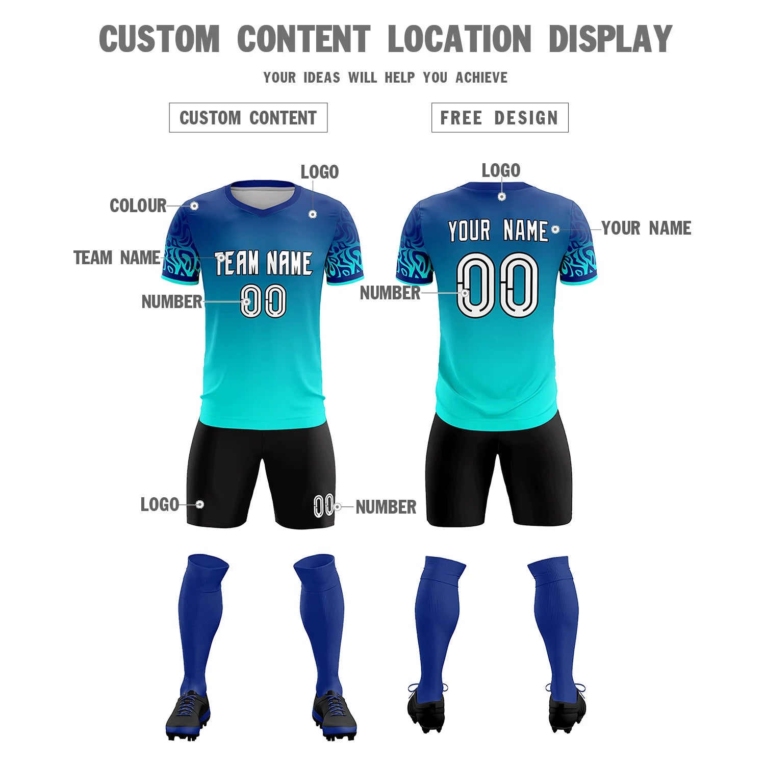 Custom Royal Blue Sky Blue Casual Printing Sportswear Soccer Sets Jersey