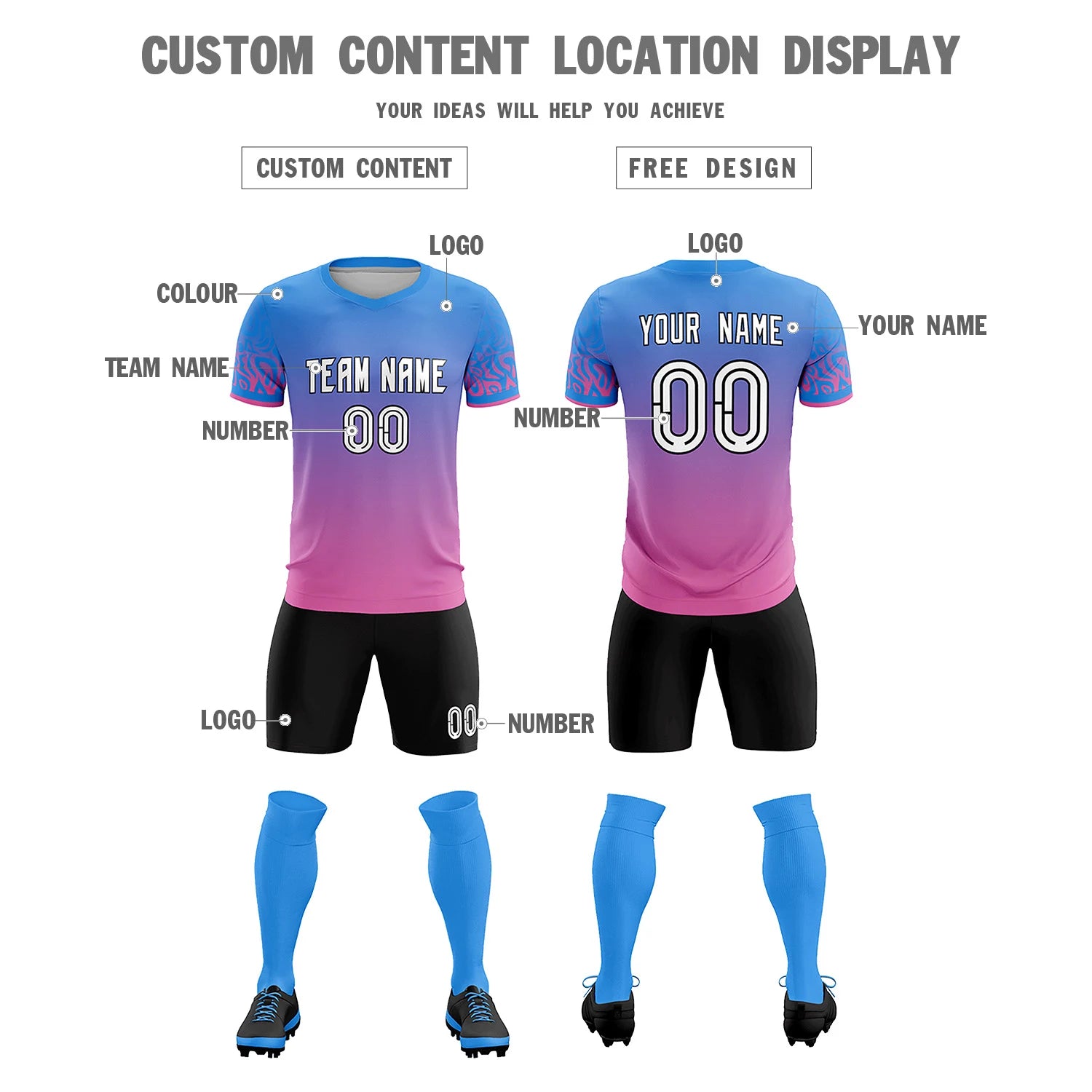 Custom Powder Blue Pink Casual Printing Sportswear Soccer Sets Jersey