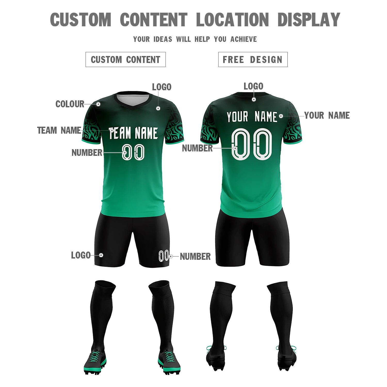 Custom Green Kelly Green Casual Printing Sportswear Soccer Sets Jersey