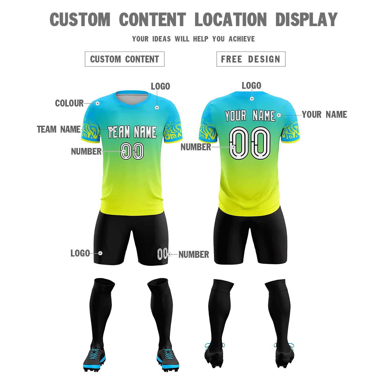 Custom Sky Blue Fluorescent Green Casual Printing Sportswear Soccer Sets Jersey