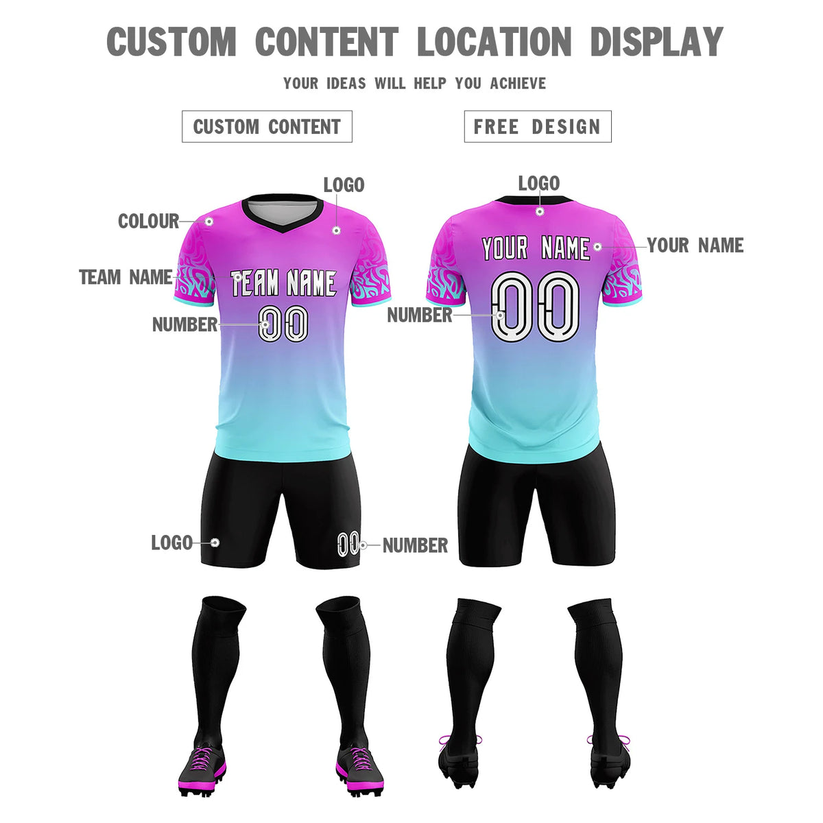 Custom Pink Blue Casual Printing Sportswear Soccer Sets Jersey