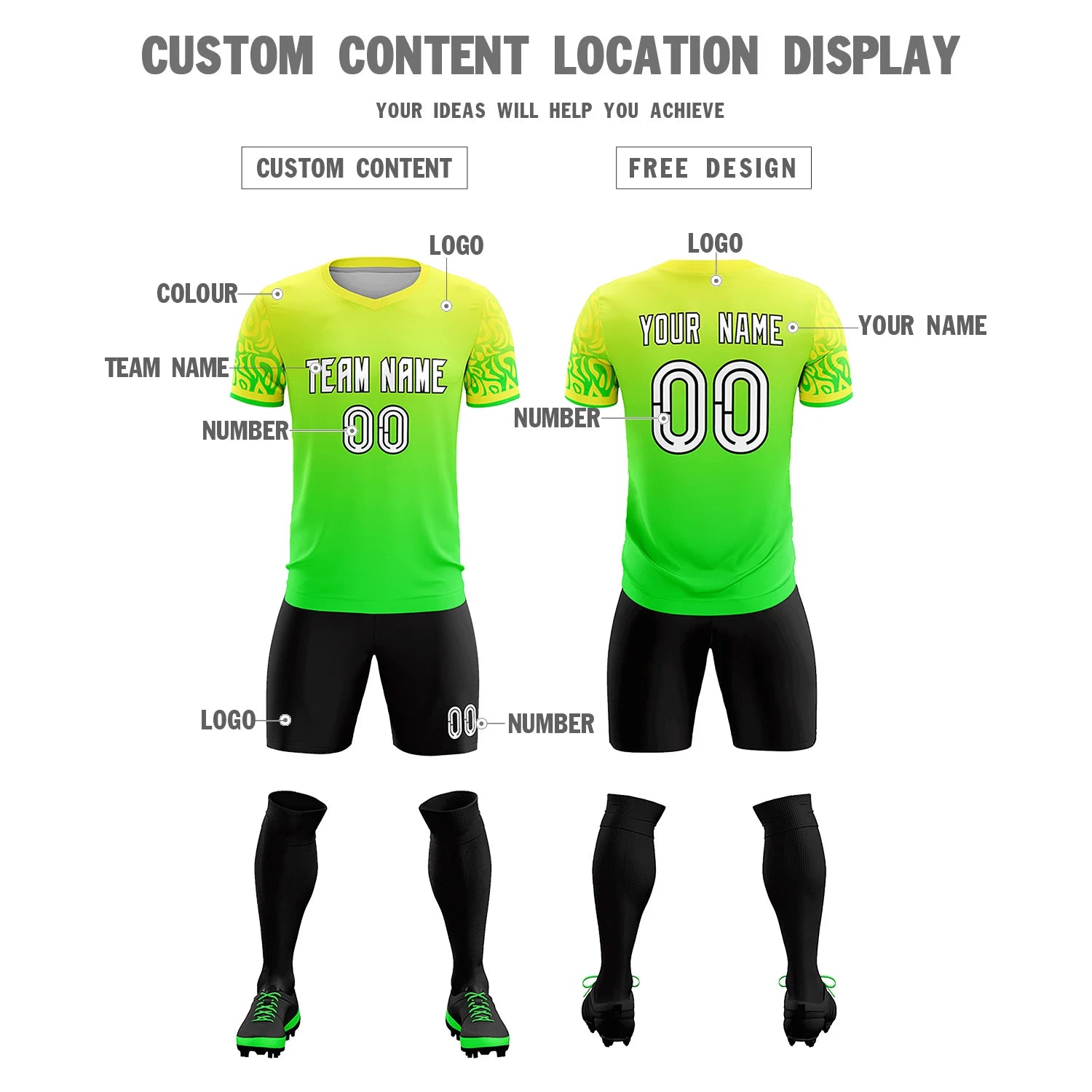 Custom Fluorescent Green Neon Green Casual Printing Sportswear Soccer Sets Jersey