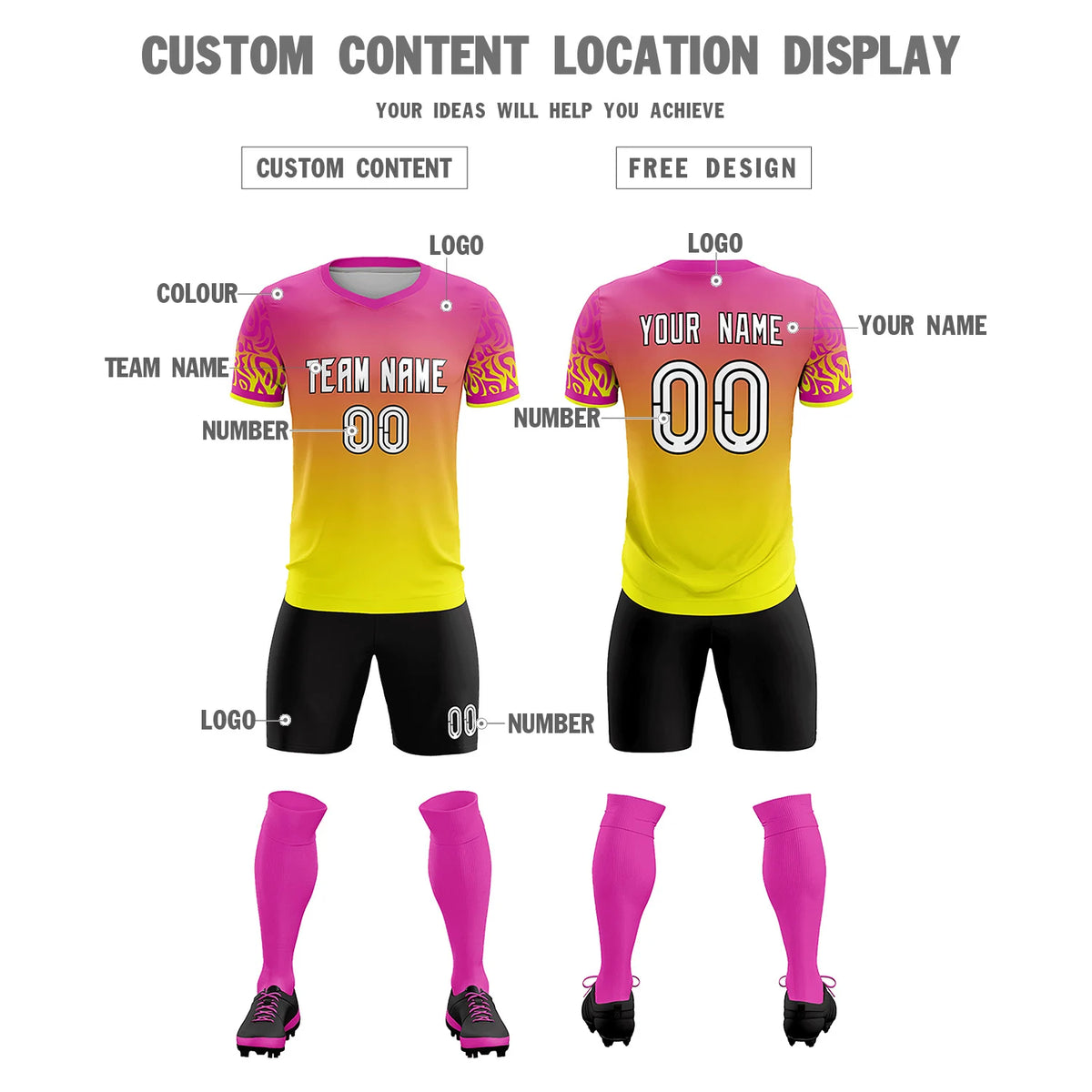 Custom Pink Fluorescent Green Casual Printing Sportswear Soccer Sets Jersey