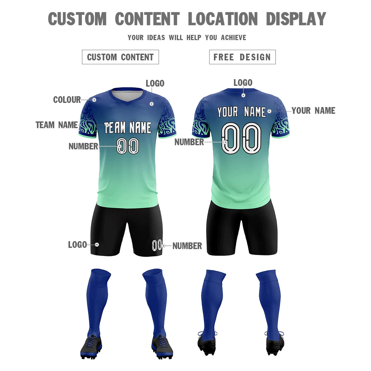 Custom Royal Blue Green Casual Printing Sportswear Soccer Sets Jersey