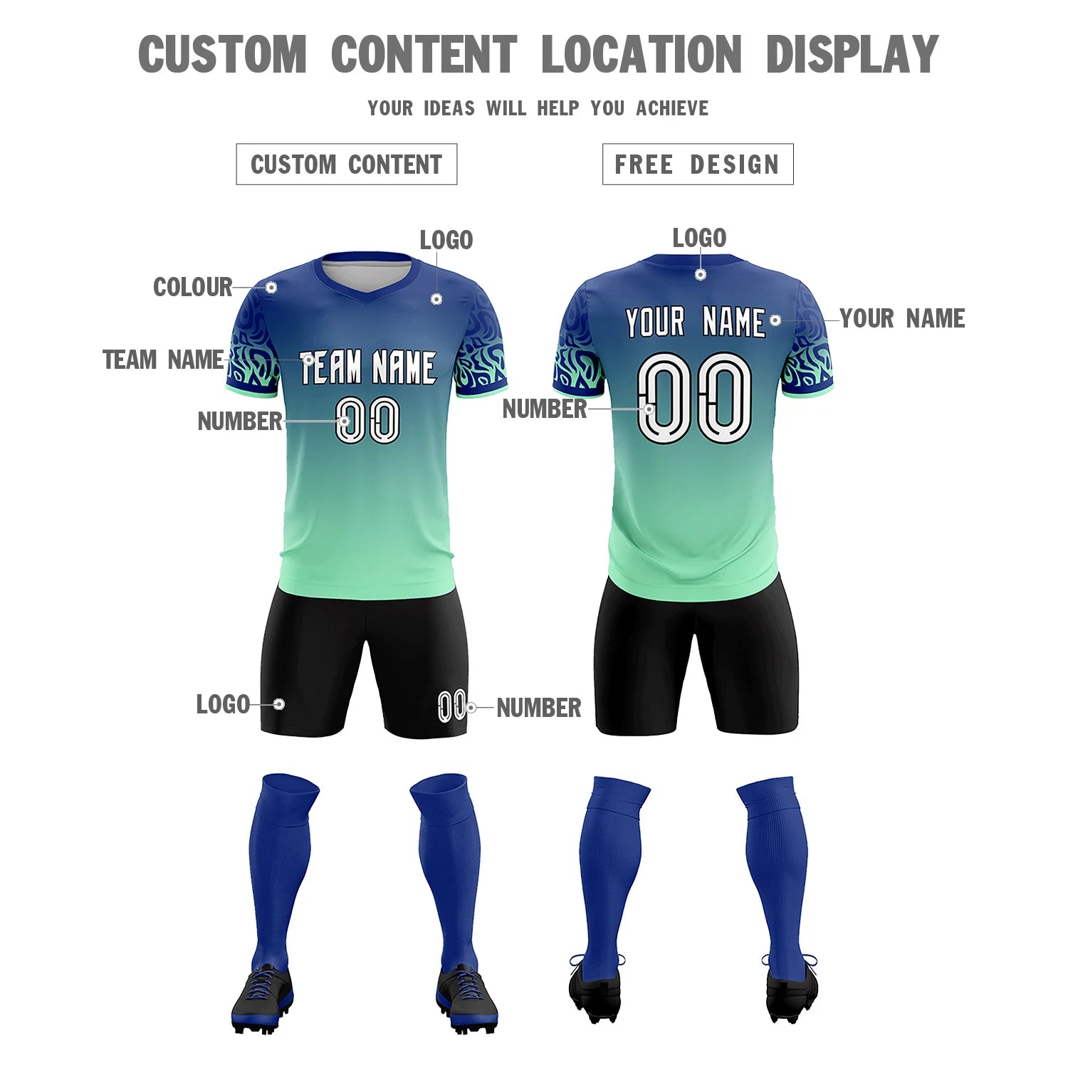 Custom Royal Blue Green Casual Printing Sportswear Soccer Sets Jersey