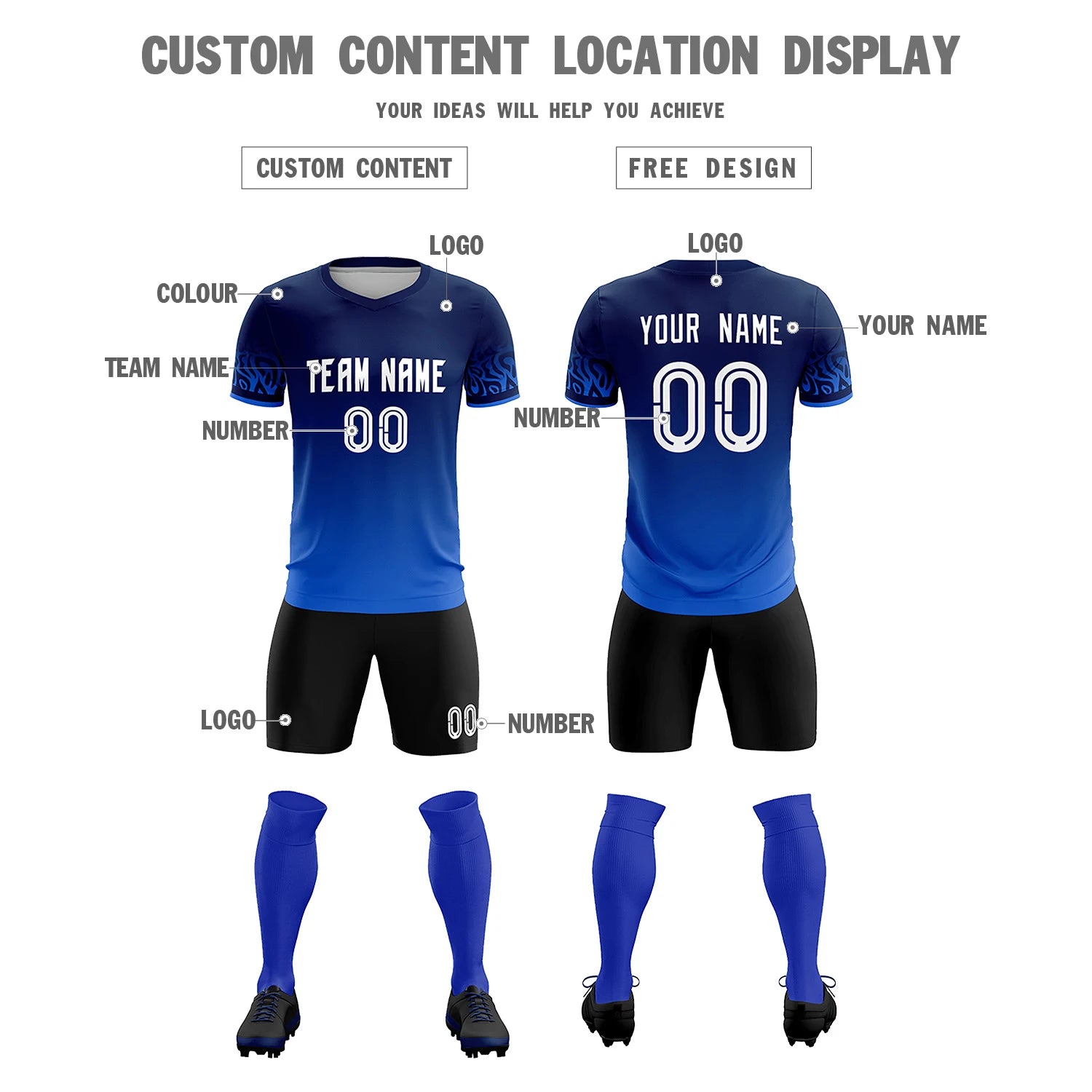 Custom Navy Royal Blue Casual Printing Sportswear Soccer Sets Jersey