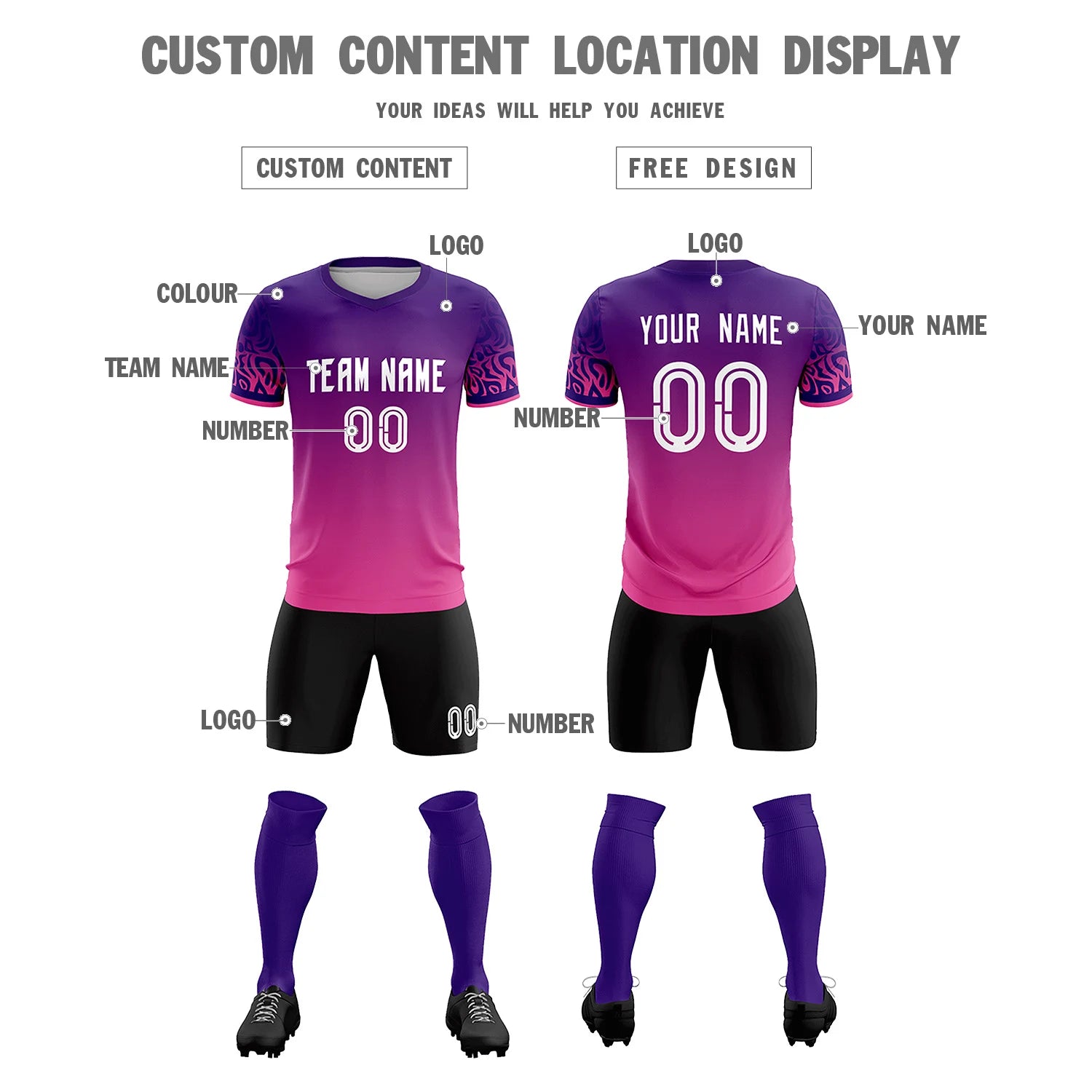 Custom Purple Pink Casual Printing Sportswear Soccer Sets Jersey