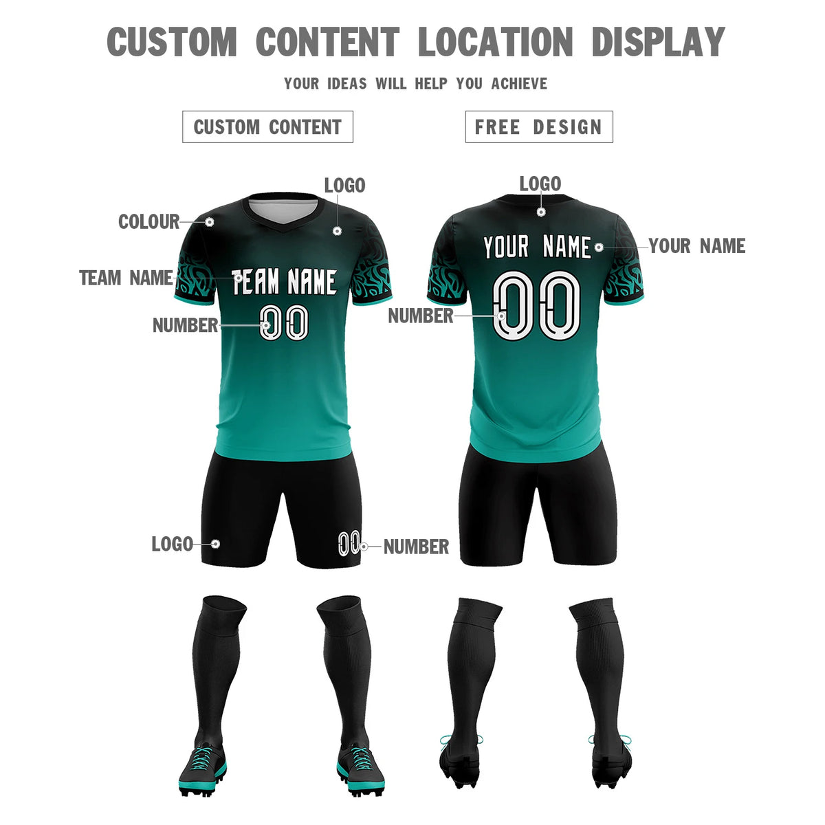 Custom Black Aqua Casual Printing Sportswear Soccer Sets Jersey