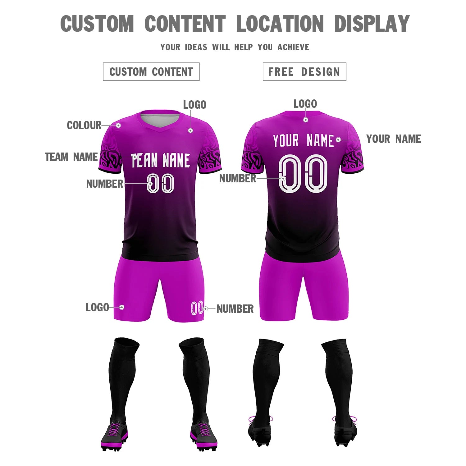 Custom Pink Black Casual Printing Sportswear Soccer Sets Jersey