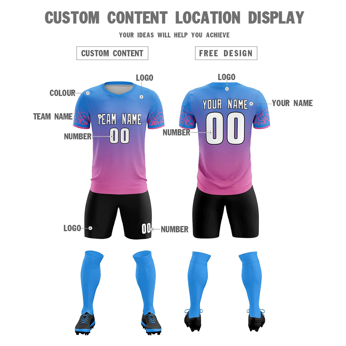Custom Powder Blue Pink Casual Printing Sportswear Soccer Sets Jersey