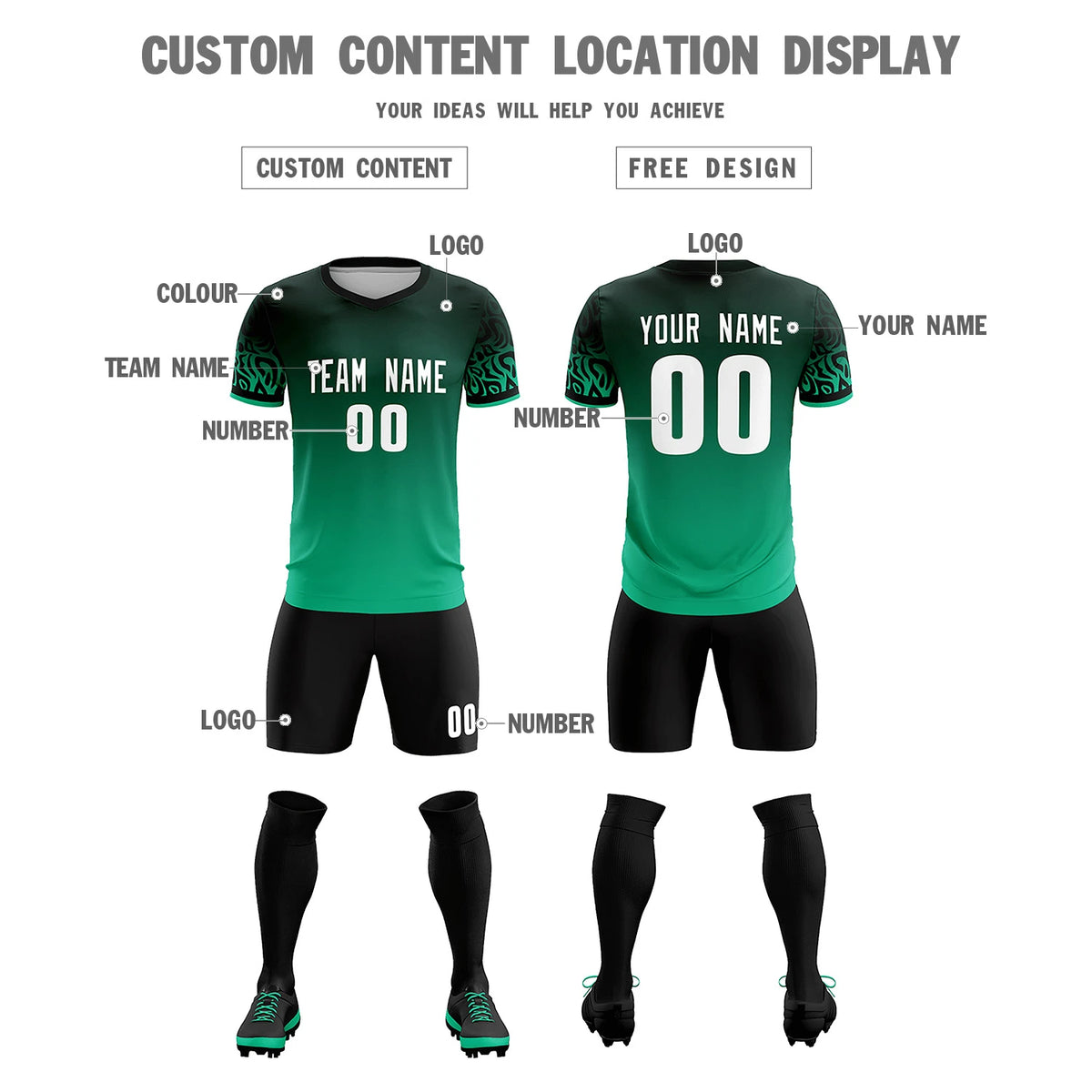 Custom Green Kelly Green Casual Printing Sportswear Soccer Sets Jersey
