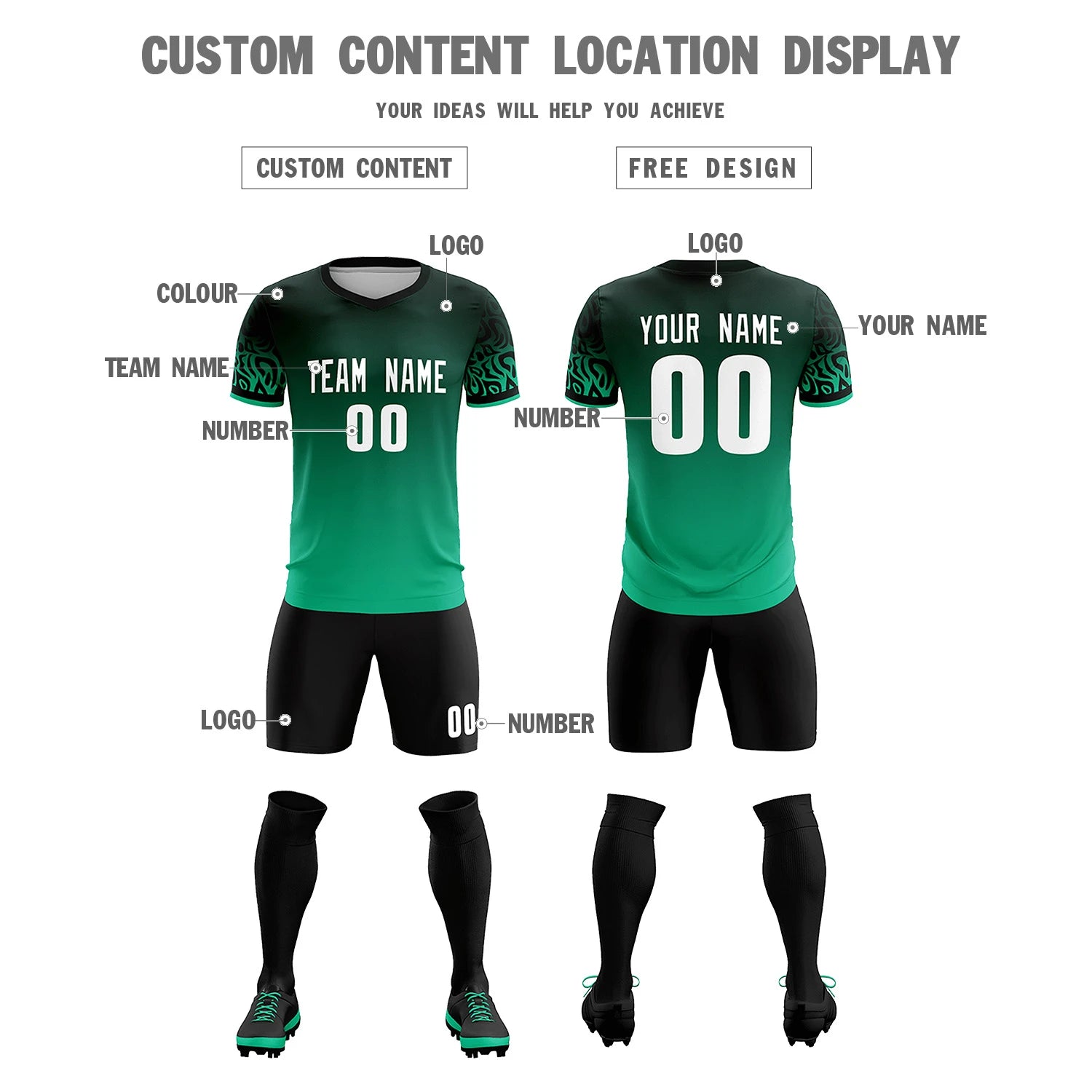 Custom Green Kelly Green Casual Printing Sportswear Soccer Sets Jersey