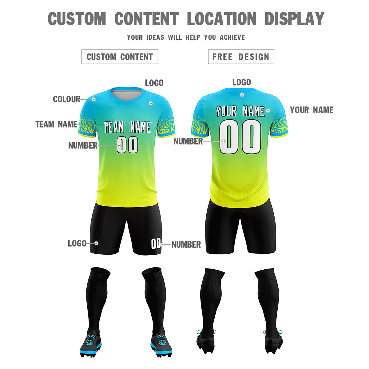Custom Sky Blue Fluorescent Green Casual Printing Sportswear Soccer Sets Jersey