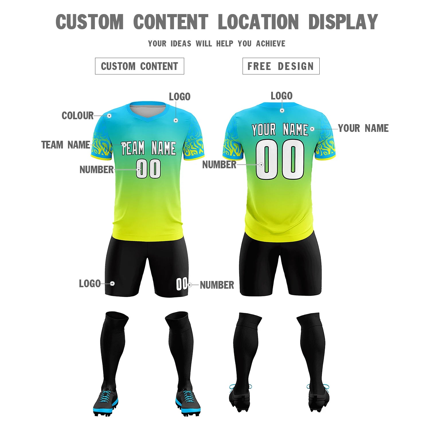 Custom Sky Blue Fluorescent Green Casual Printing Sportswear Soccer Sets Jersey