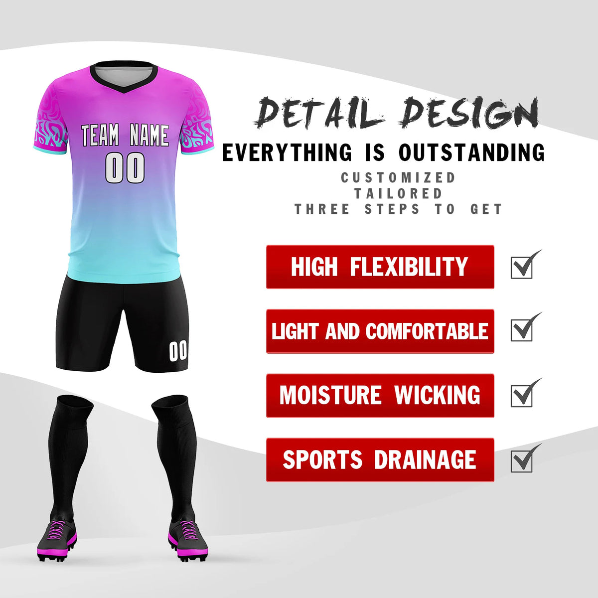 Custom Pink Blue Casual Printing Sportswear Soccer Sets Jersey
