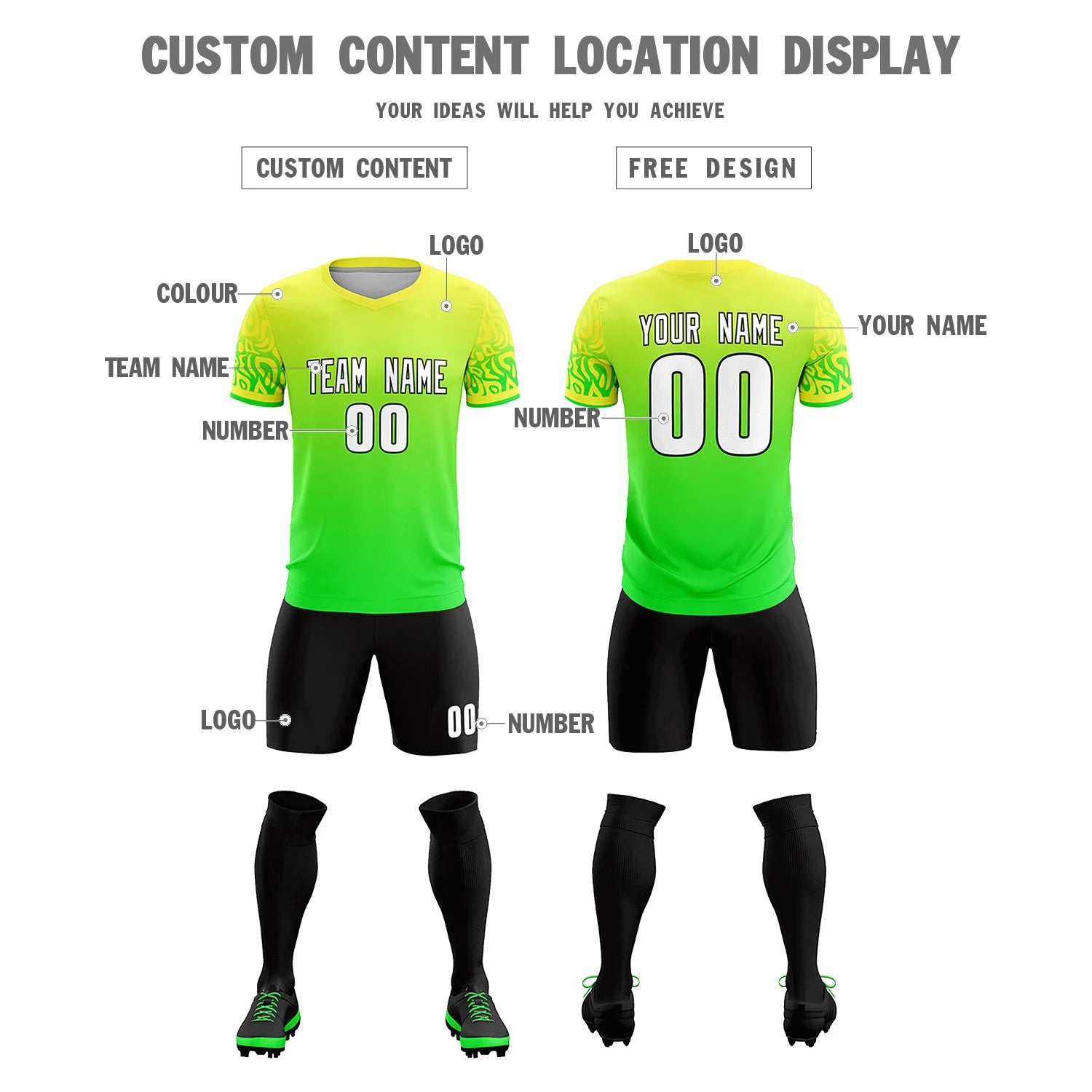 Custom Fluorescent Green Neon Green Casual Printing Sportswear Soccer Sets Jersey