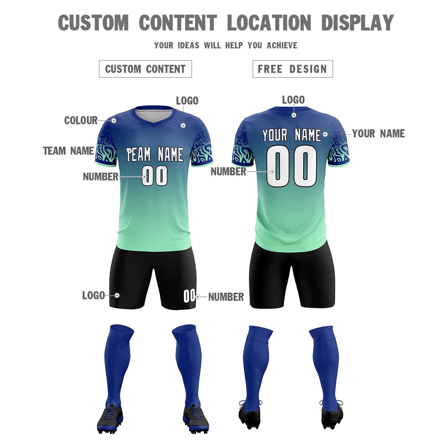 Custom Royal Blue Green Casual Printing Sportswear Soccer Sets Jersey